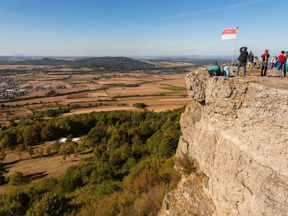 Franconian Switzerland. Bavaria, Bad Staffelstein: Numerous day trippers hike up the Staffelberg in perfect weather