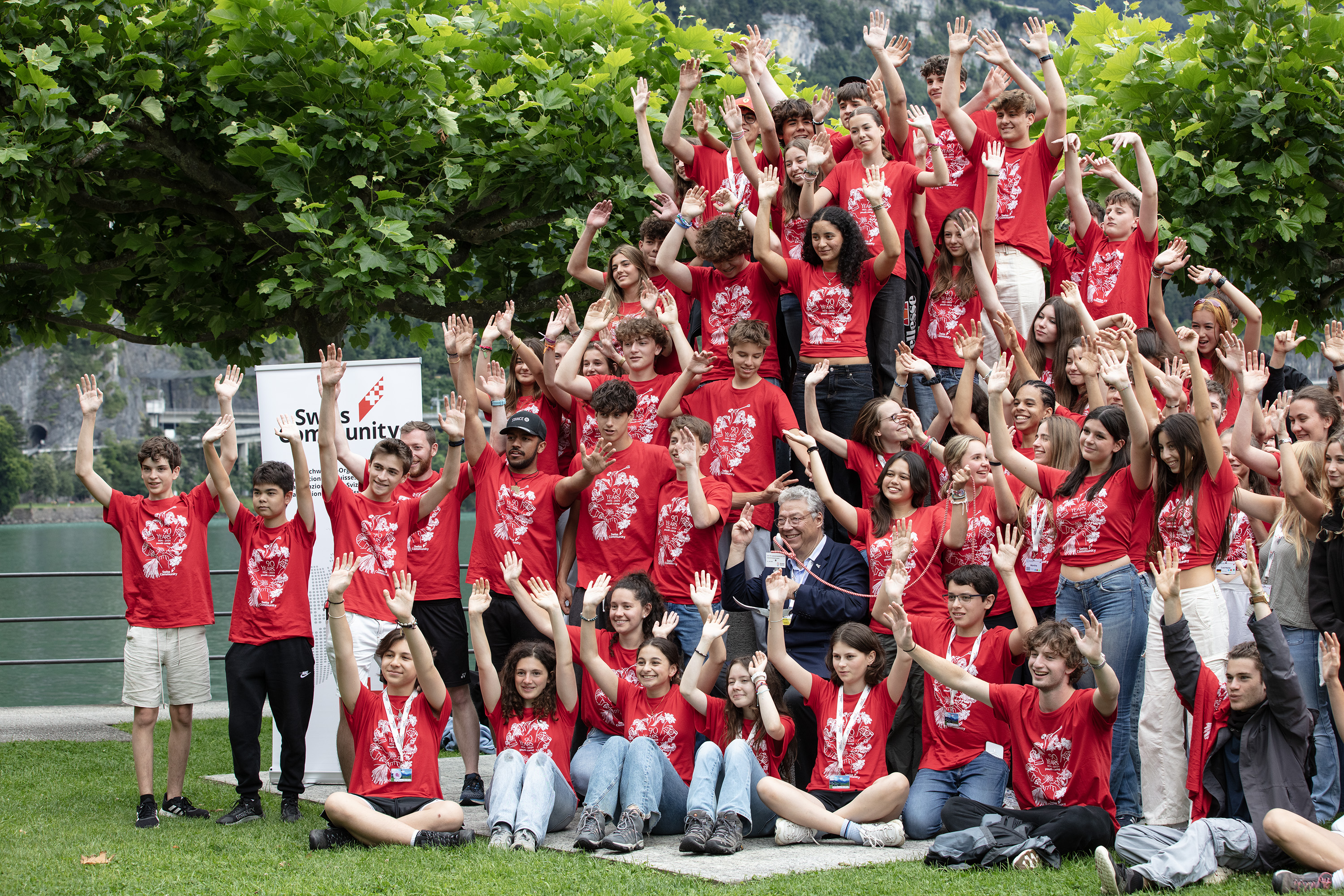OSA President Filippo Lombardi poses with participants of the Swiss Community Youth Camp on Saturday, July 13, 2024.