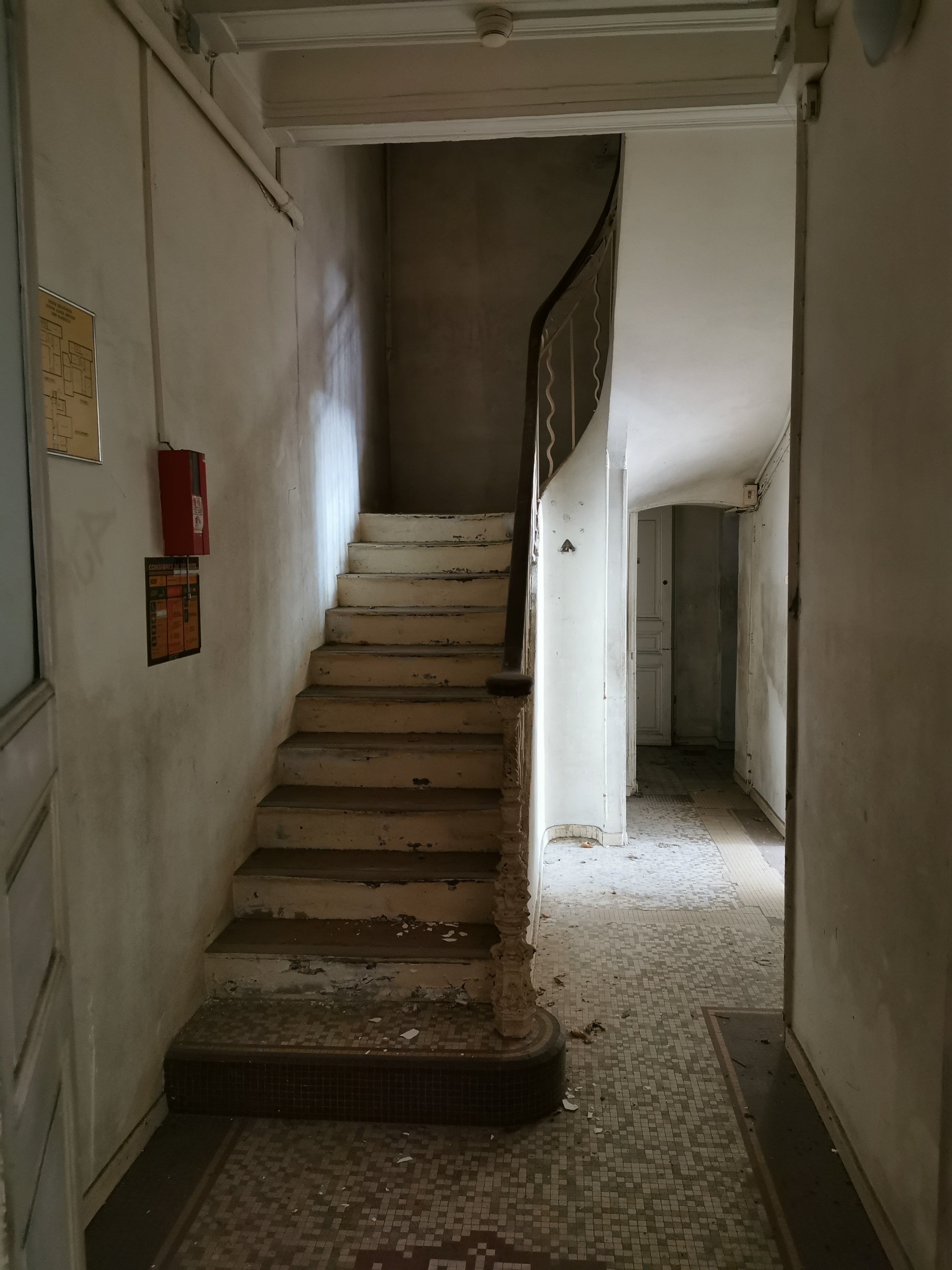 Paintwork is crumbling and walls are covered in damp, as seen here in the ground floor entrance.