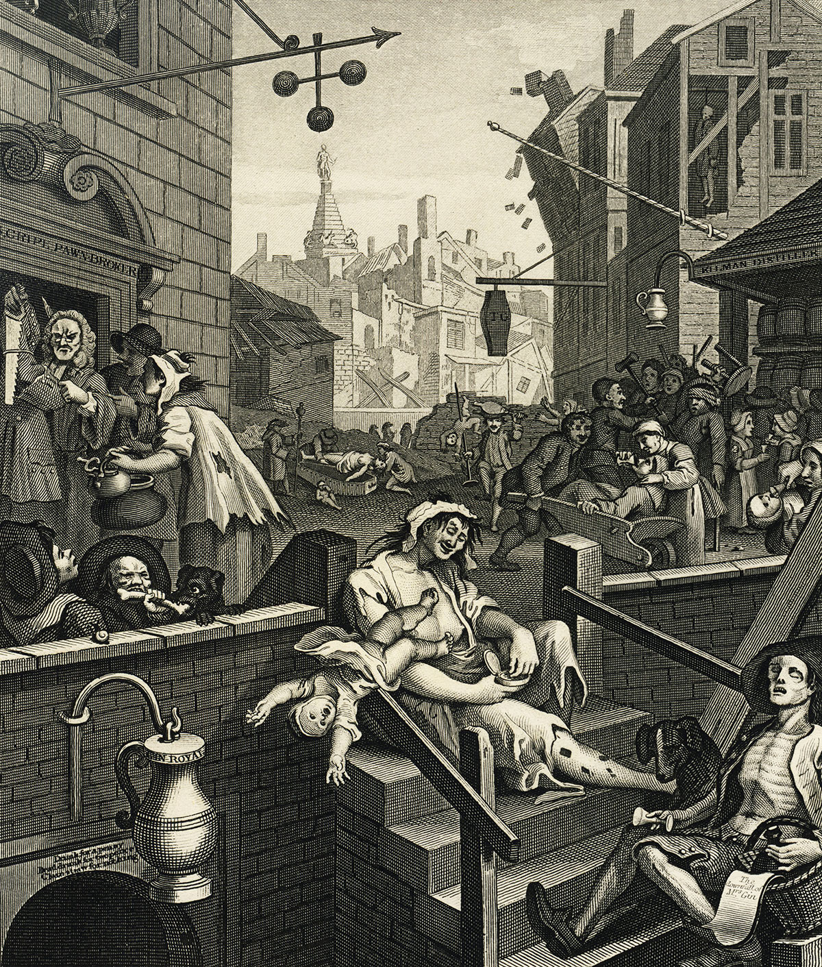 “金酒巷”：威廉·贺加斯(William Hogarth)所作版画，展示了人人沉迷金酒的后果，1750年前后。