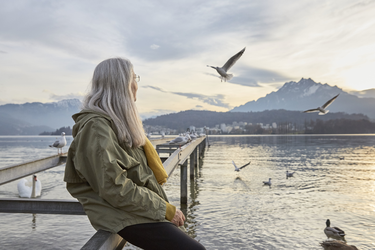 Eine ältere Frau betrachtet Möwen an einem See