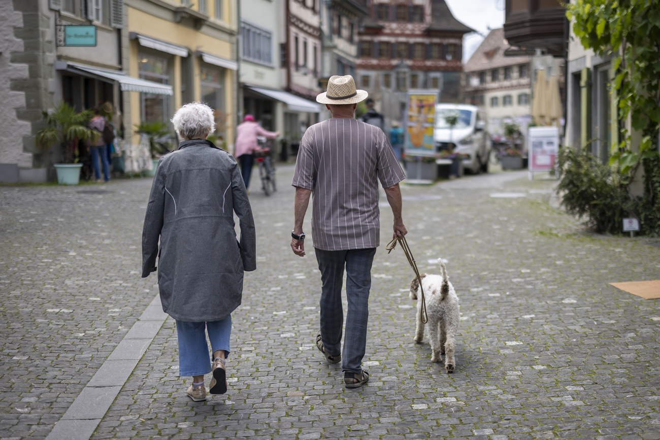 Altes Ehepaar mit Hund von hinten fotografiert.