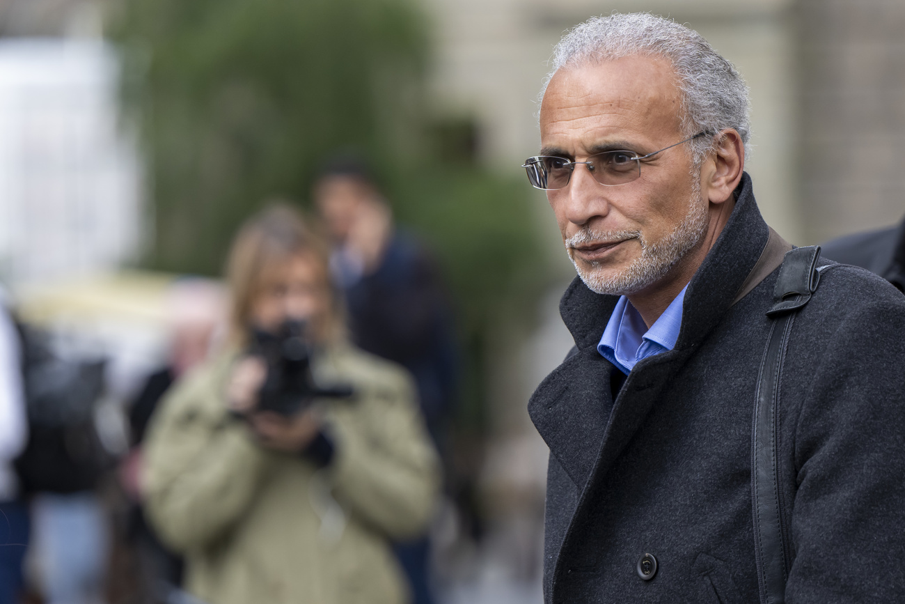 Swiss leading Islamic scholar Tariq Ramadan, leaves the Geneva courthouse, for the last day of his appeal trial for rape and sexual coercion, in Geneva, Switzerland, Wednesday, May 29, 2024. Tariq Ramadan was acquitted at first instance. (KEYSTONE/Martial Trezzini)