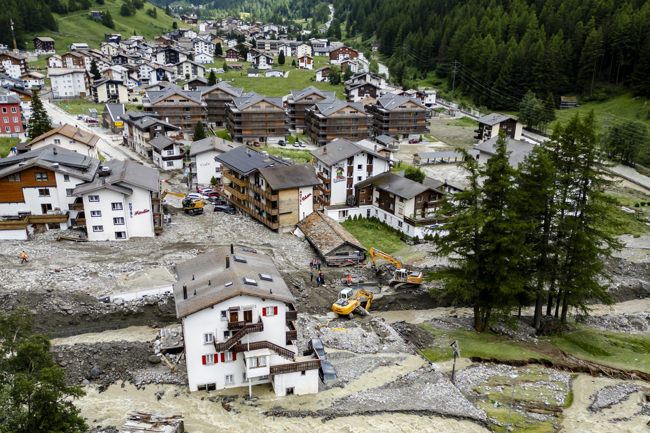 General view of Saas-Grund, Switzerland, on June 30, 2024. The Saas Valley region was hit by severe storms at the end of June and beginning of July. Floods and mudslides caused major damage to buildings and infrastructure.