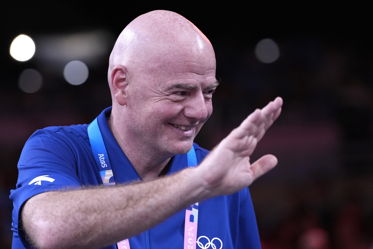 FIFA President Gianni Infantino in Paris, France, during the team judo competition at Champ-de-Mars Arena during the 2024 Summer Olympics, Wednesday, July 31, 2024. (AP Photo/Eugene Hoshiko)