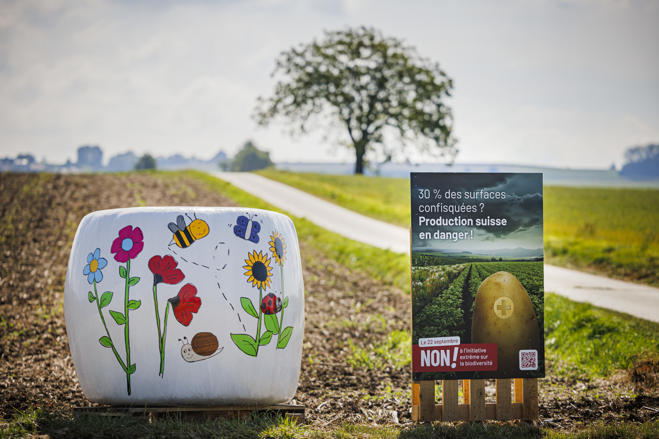 manifesto contro l'iniziativa sulla biodiversità collocato sul lato di una strada di campagna