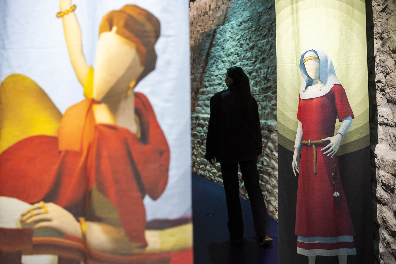 A visitor takes a virtual reality tour of the ArcheoLab's new "Portal to the Past" exhibition in Pully, canton Vaud