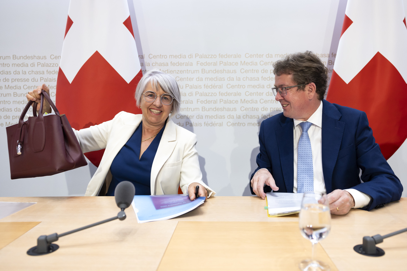 Swiss cabinet ministers Albert Roesti (right) and Elisabeth Baume-Schneider at a press conference in Bern on September 22, 2024.