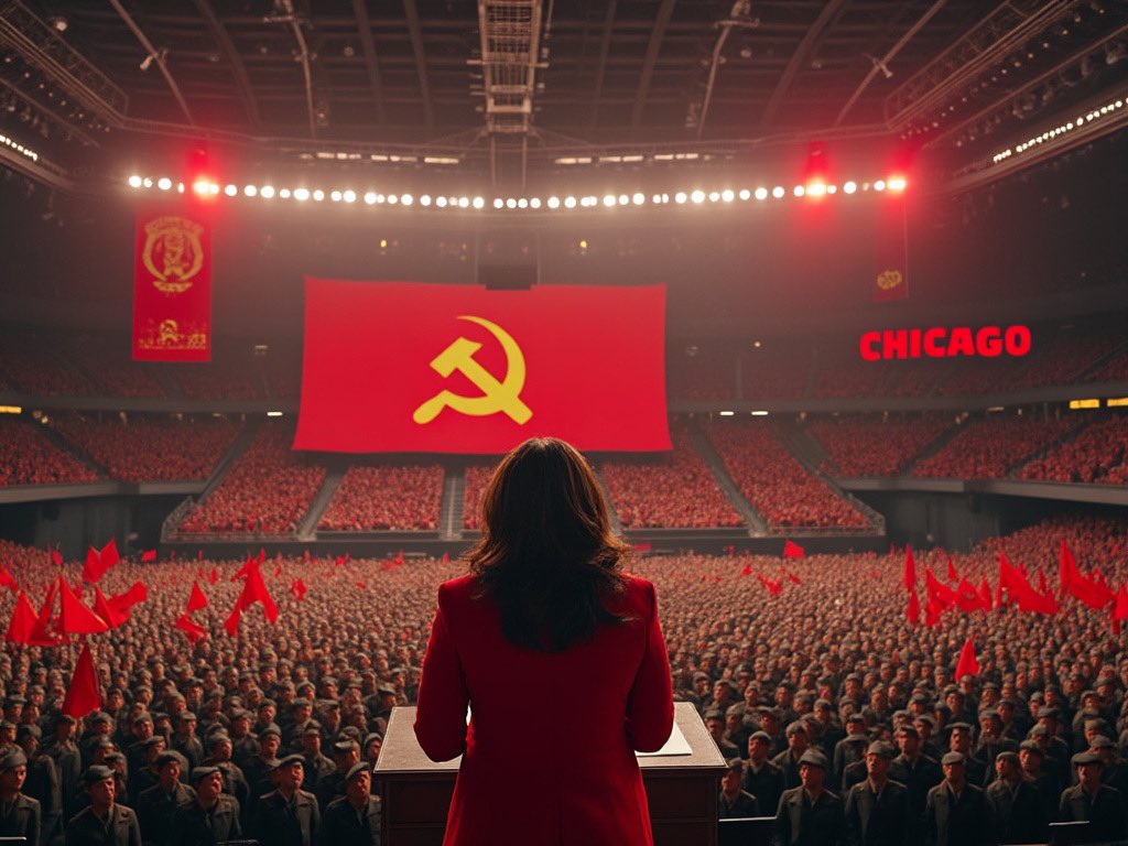 A deepfake image, created by AI, portrays Kamala Harris as a communist dictator.