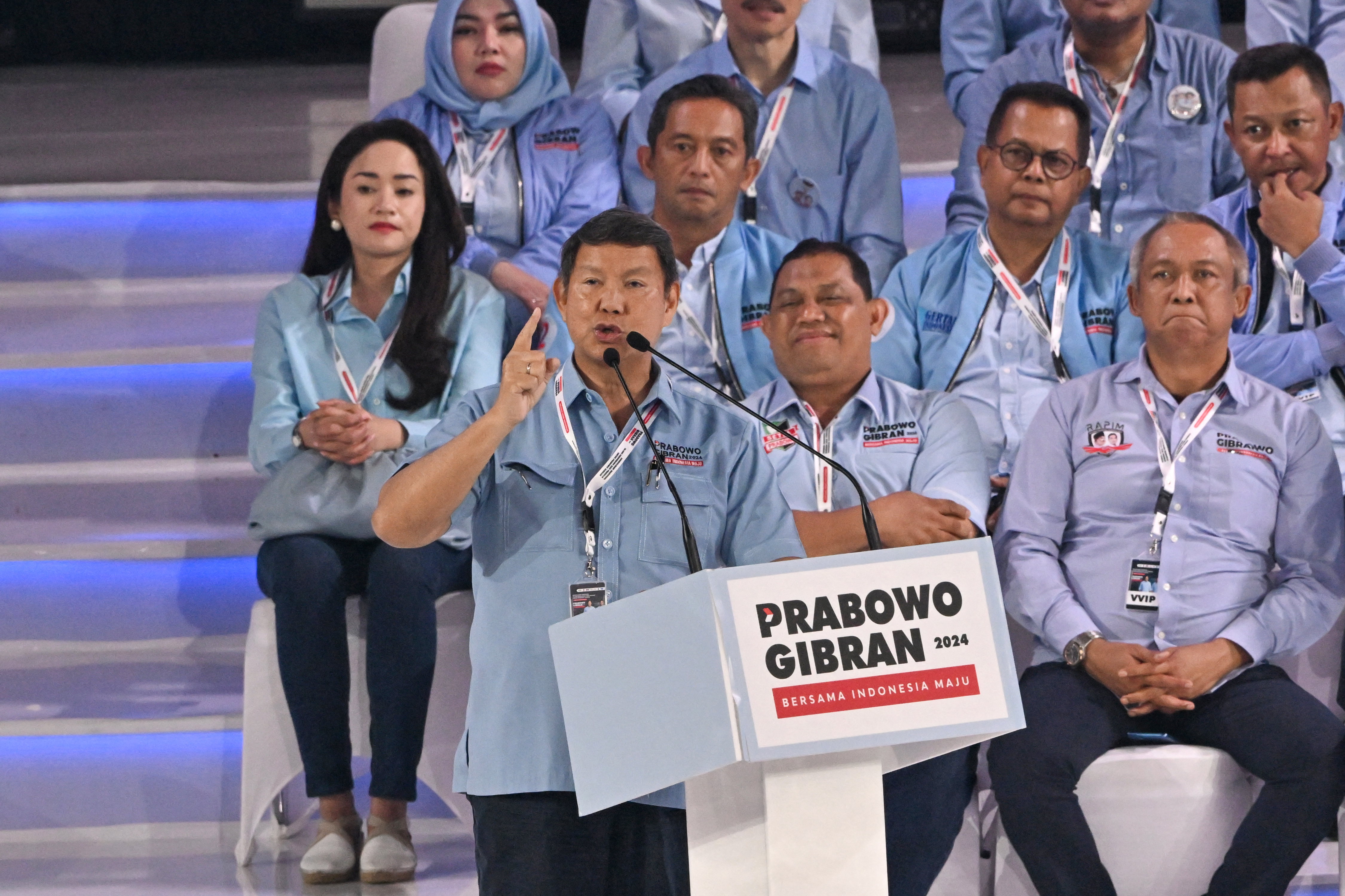 Hashim Djojohadikusumo (front centre), brother of presidential candidate and Indonesias Defence Minister Prabowo Subianto speaks during an election campaign event of Subianto and vice presidential candidate Gibran Rakabuming Raka at the Indonesia Arena in Jakarta on February 5, 2024.