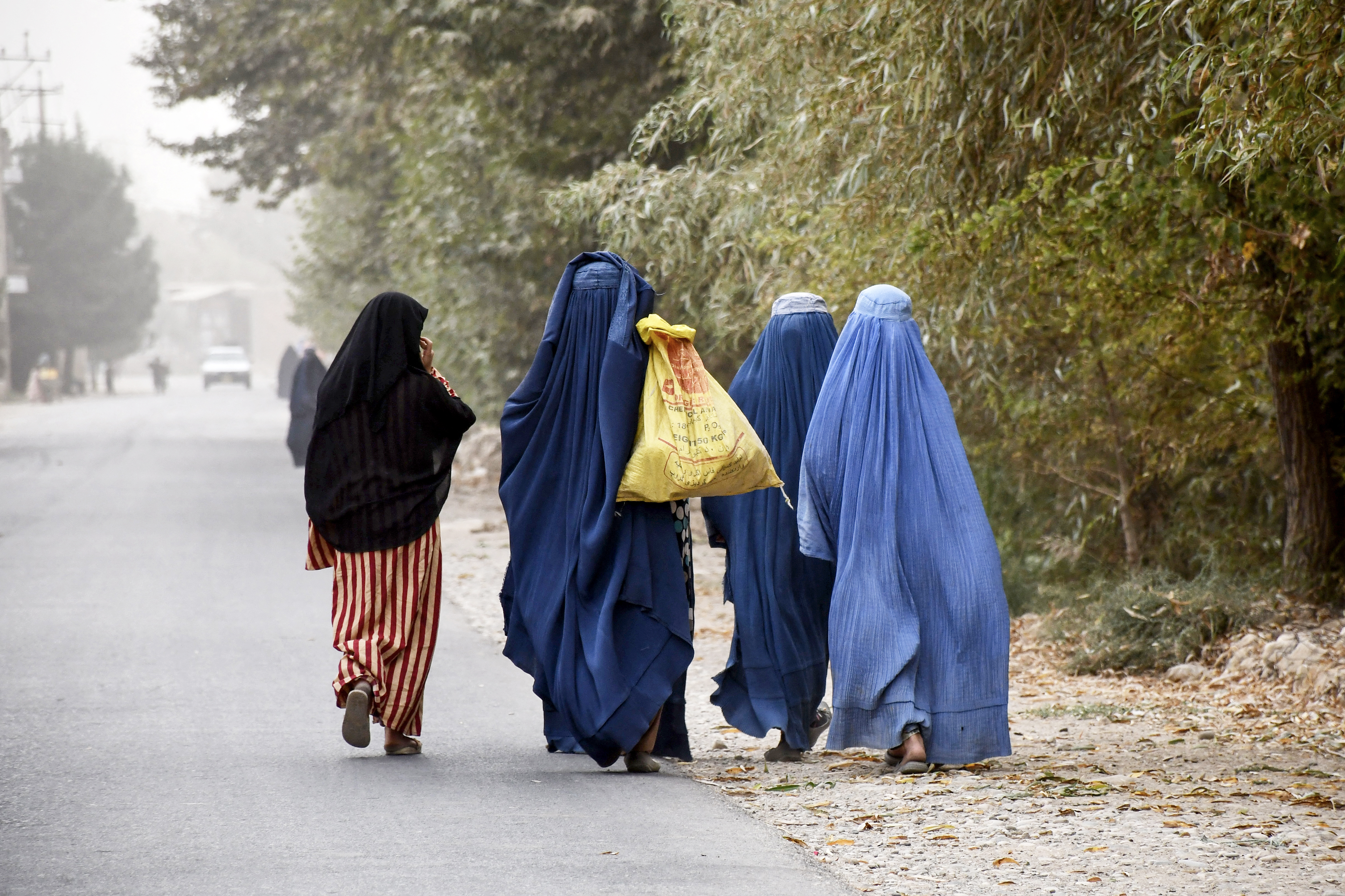 Afghan burqa-clad women walk along a street on the outskirts of Mazar-i-Sharif on October 13, 2024.