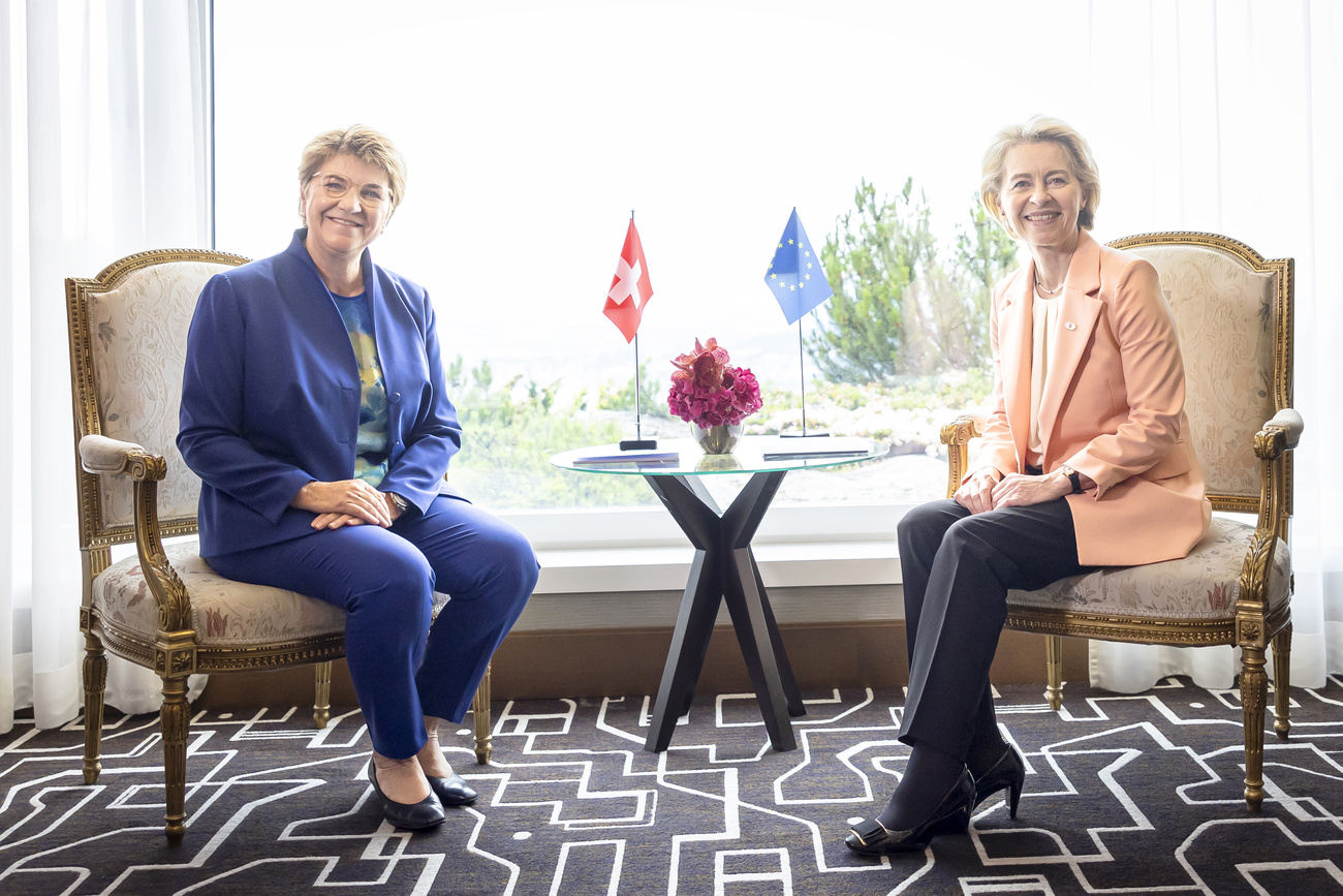 Swiss Federal President Viola Amherd, left, poses next to Ursula von der Leyen President of European Commission, right, as they meet for a bilateral talk during the Summit on peace in Ukraine, in Stansstad near Lucerne, Switzerland, Saturday, June 15, 2024. Heads of state from around the world gather on the Buergenstock Resort in central Switzerland for the Summit on Peace in Ukraine, on June 15 and 16. (KEYSTONE/EDA/POOL/Michael Buholzer)