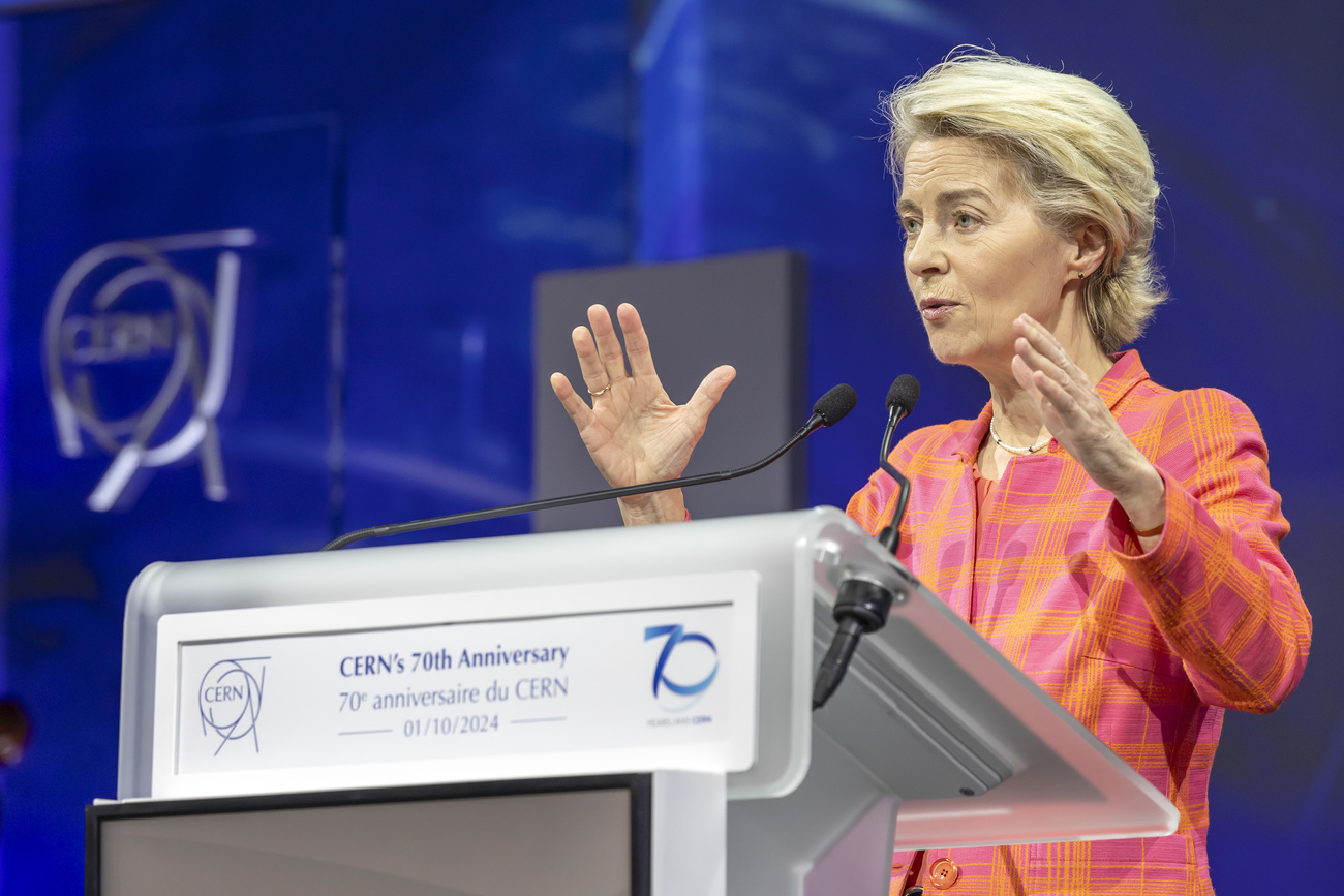 President of the European Commission Ursula von der Leyen addresses her statement on occasion of the celebration of CERN?s 70th anniversary, at the European Organization for Nuclear Research (CERN), in Meyrin near Geneva, Switzerland, Tuesday, October 1, 2024. (KEYSTONE/Salvatore Di Nolfi)