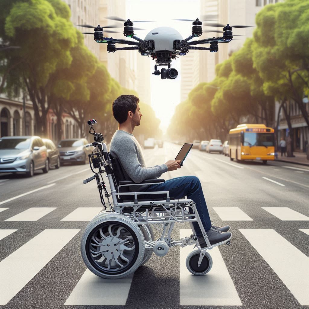 The drone-driven wheelchair developed by Flammini and his team, in an AI-generated image.