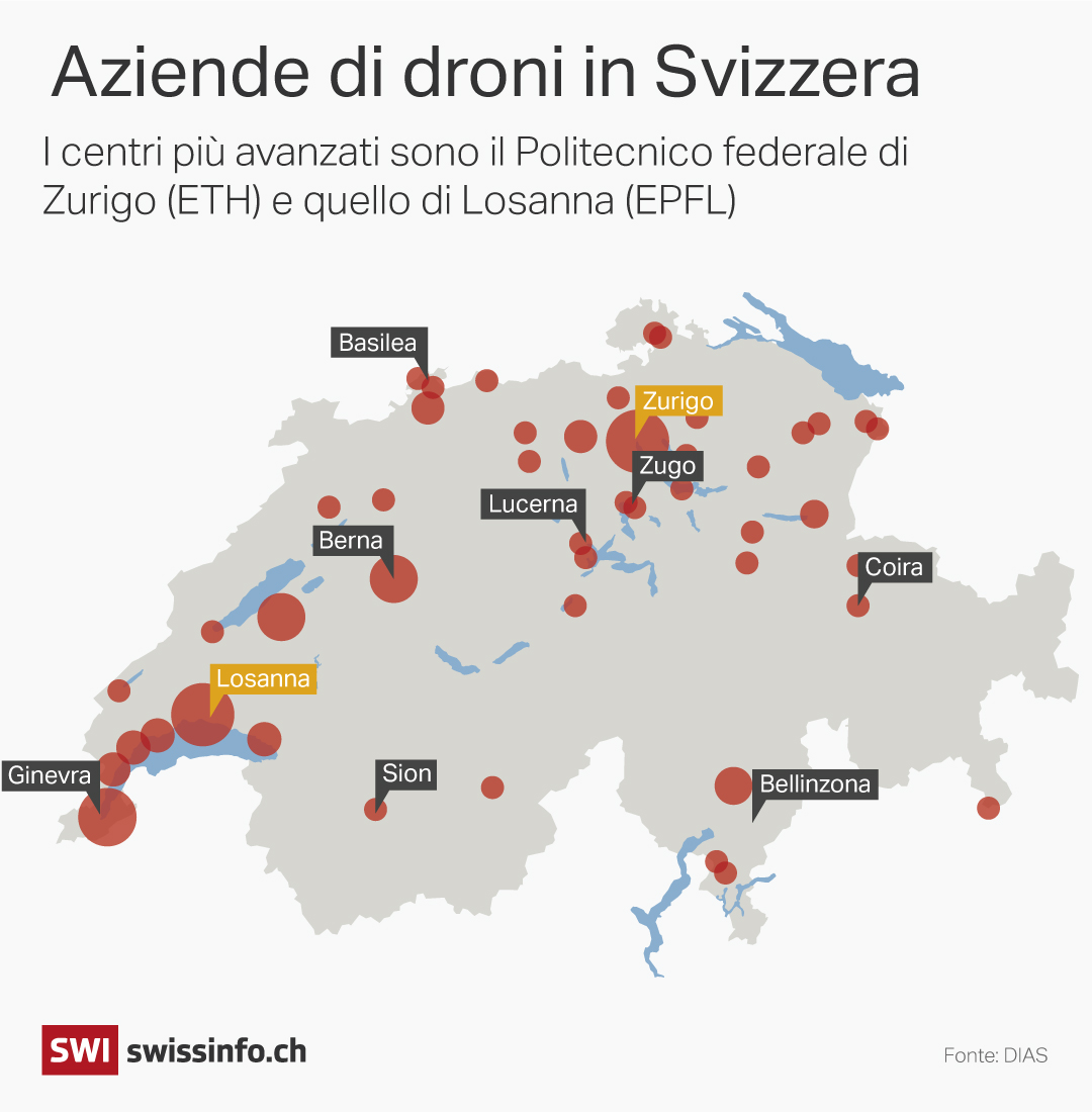 mappa che mostra l'ubicazione delle aziende di droni in svizzera