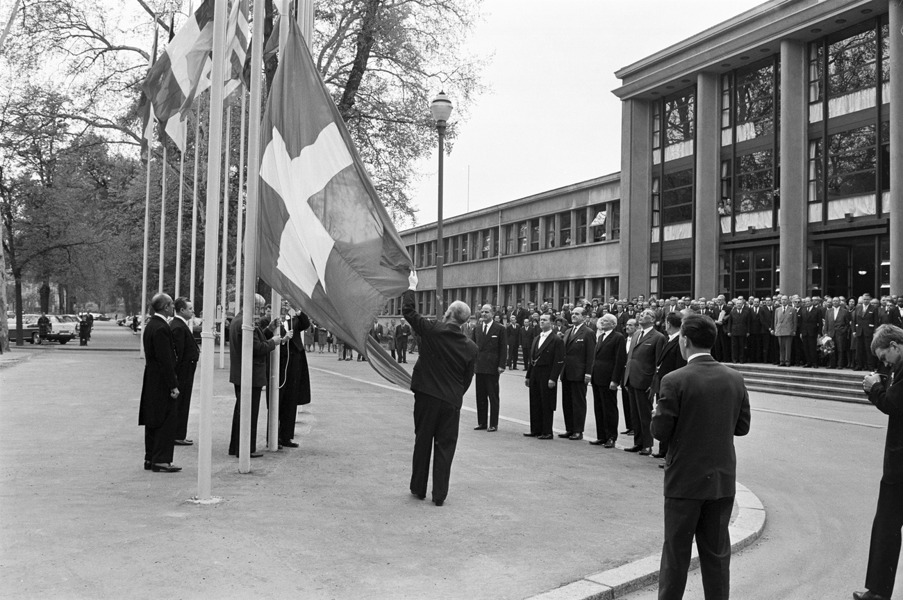 black-and-white photo of Swiss flag