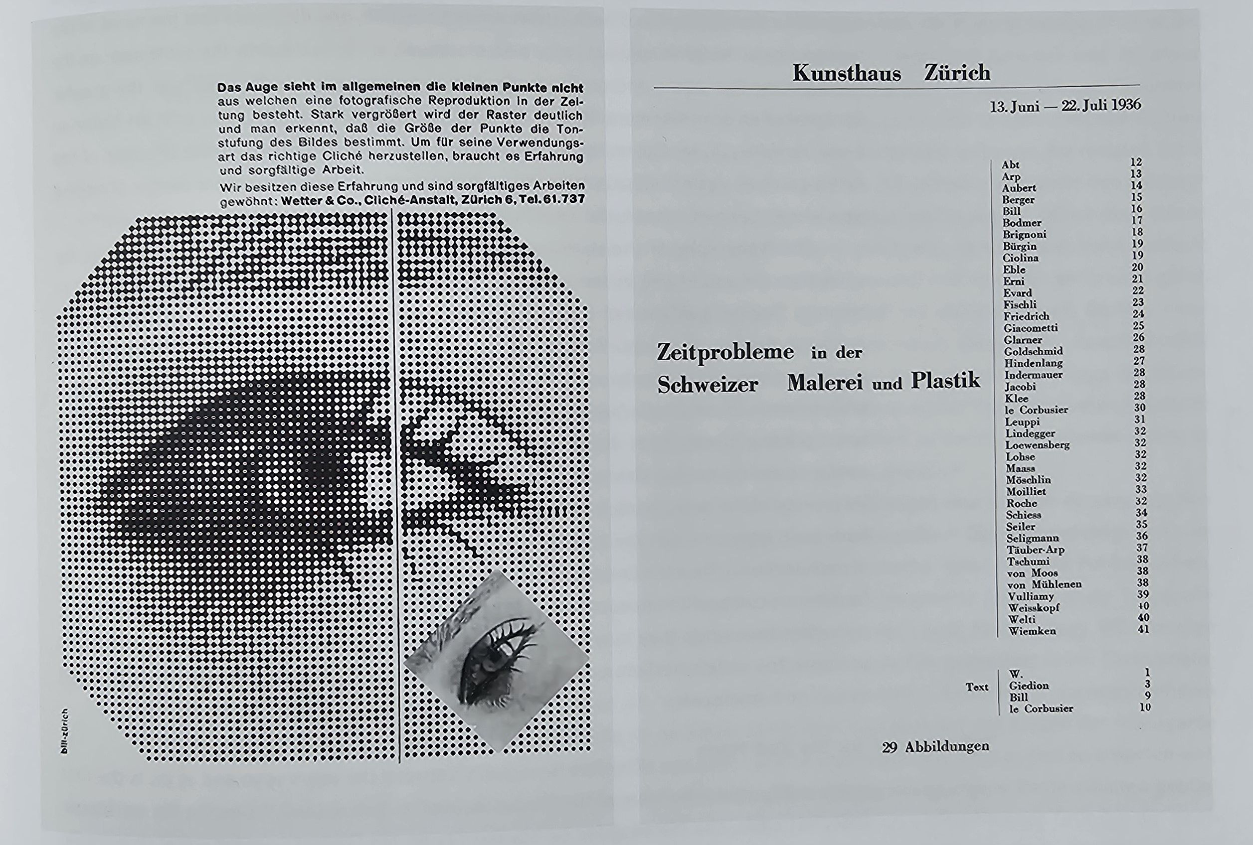 Cover (right) and back-page (left) of the catalogue of the first Concrete art exhibition in the Kunsthaus, Zurich (1936). Max Bill wrote the text, made the lay-out, put an ad from his advertisement agency (back page); and brought more artworks to the exhibition than his peers.