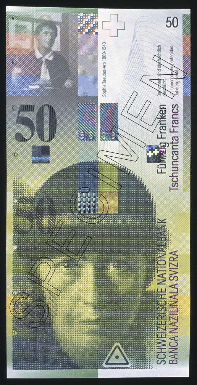 Sophie Taeuber-Arp headed the 50-francs bill in the Swiss National Bank's eighth banknote series (1995-2021). The Swiss school of design has become a national institution, and the design of the Swiss money is its pièce de résistance.