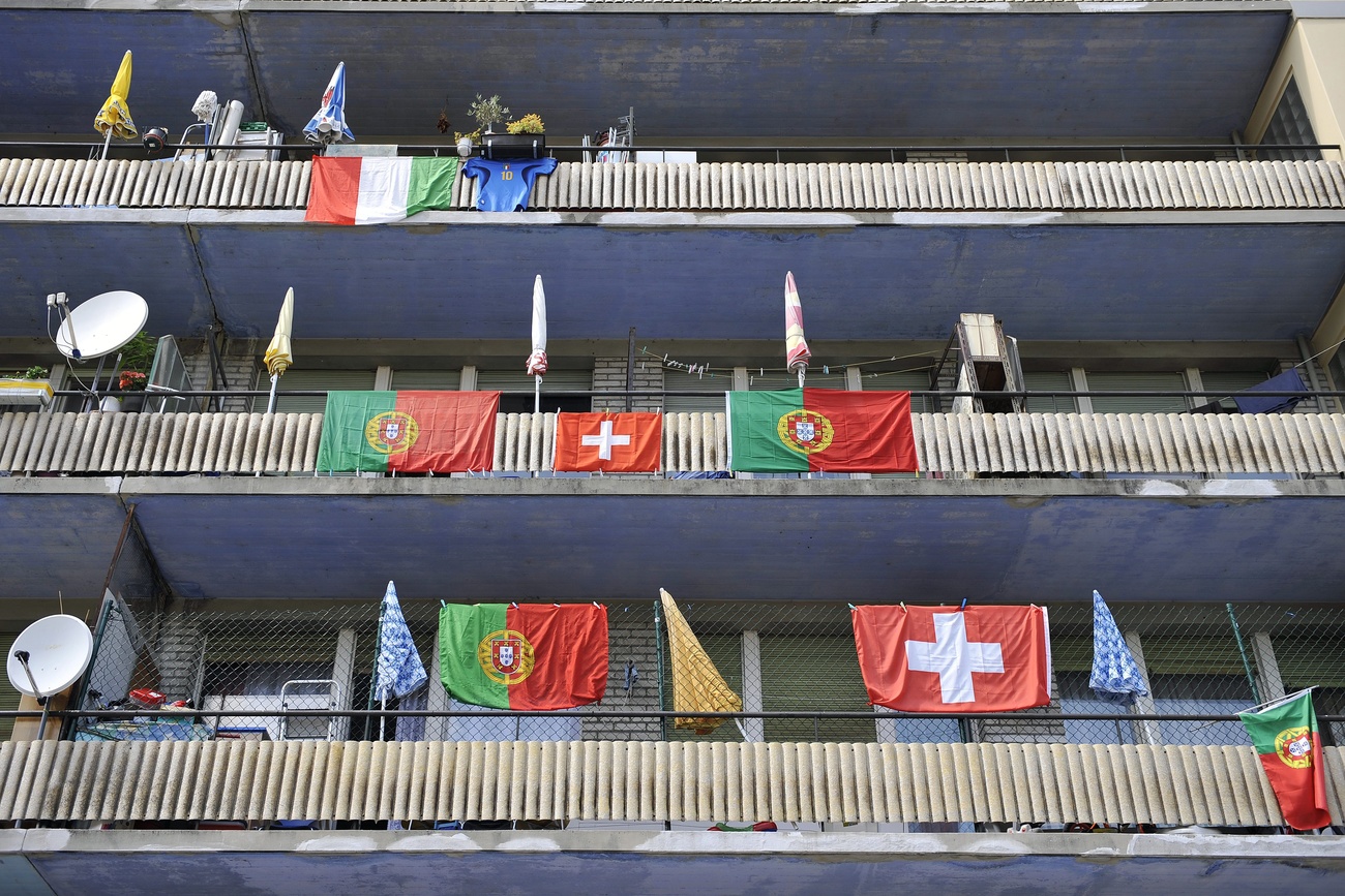 Portuguese and Swiss flags decorate houses in Neuchatel, Switzerland, Friday, May 30, 2008. Neuchatel is host city for the Portuguese soccer team during the Uefa Euro 08.