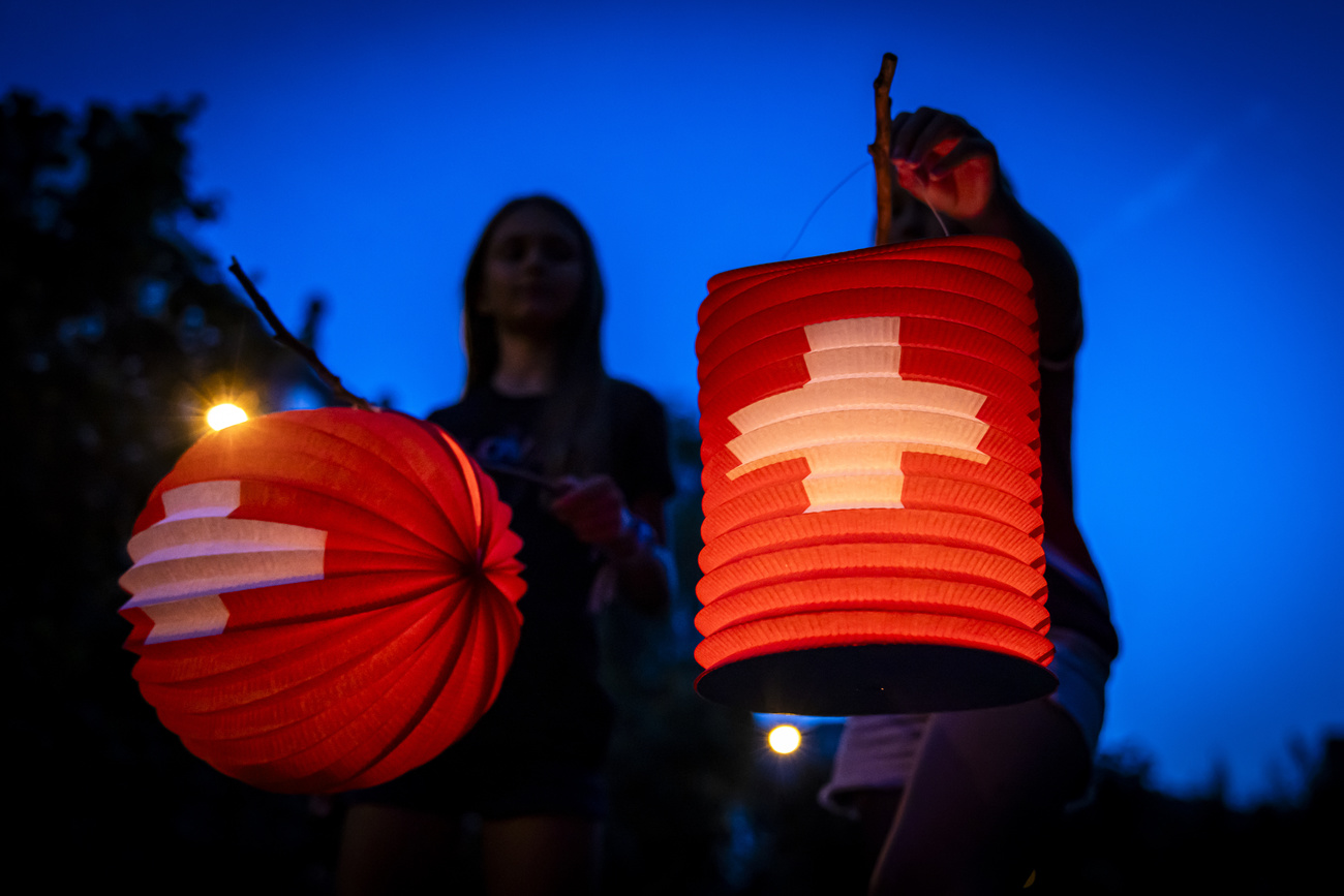 Swiss flag lanterns.