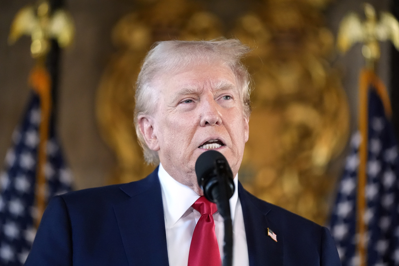 Republican presidential nominee former President Donald Trump speaks to reporters at his Mar-a-Lago estate Thursday, Aug. 8, 2024, in Palm Beach, Florida.