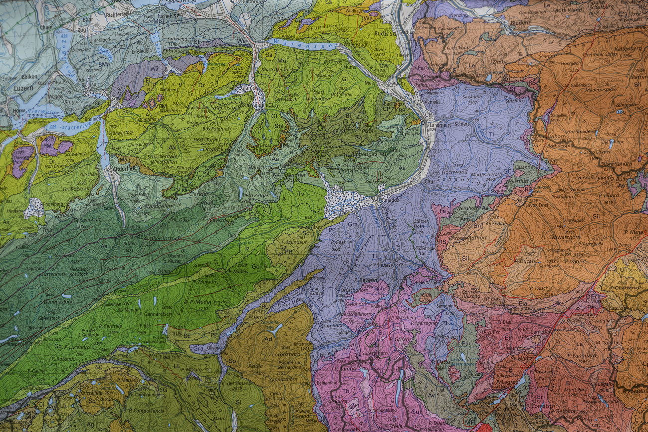 A section of the Swisstopo Tectonic Map of Switzerland at a scale of 1:500,000, photographed in Bern on Tuesday, 5 November 2024.