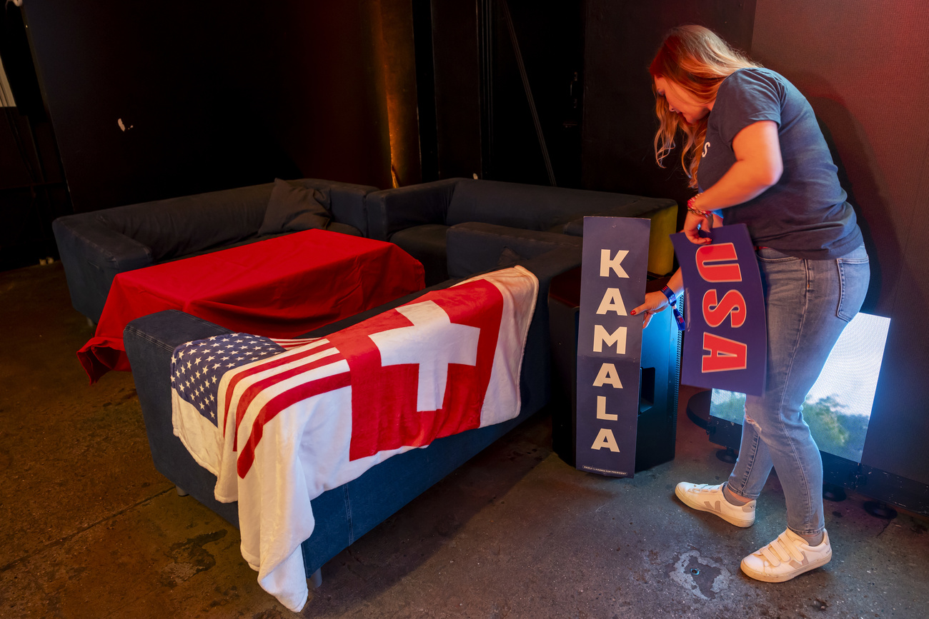 at a Kamala viewing party in Switzerland