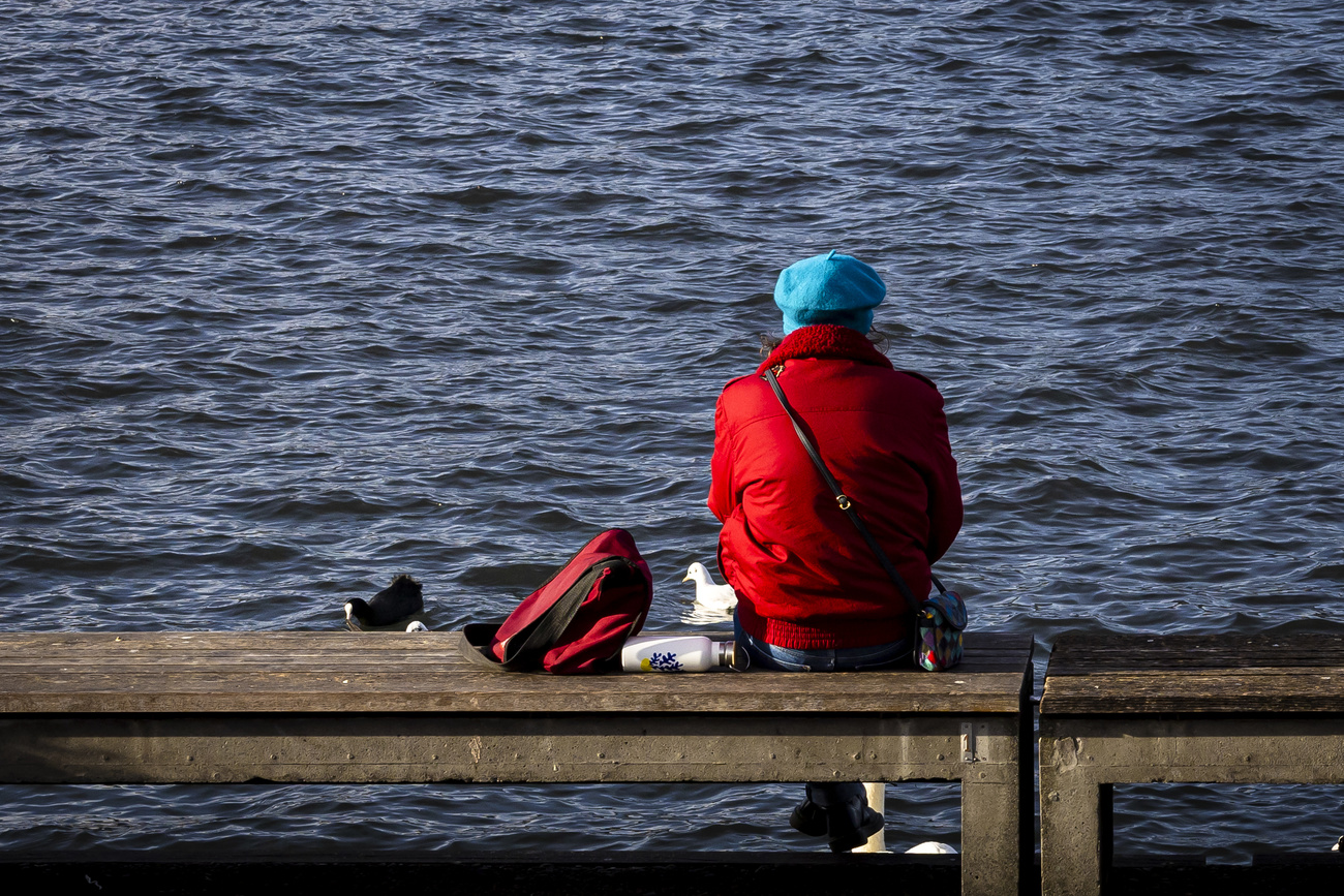 Eine Fraus sitzt am See, von hinten aufgenommen