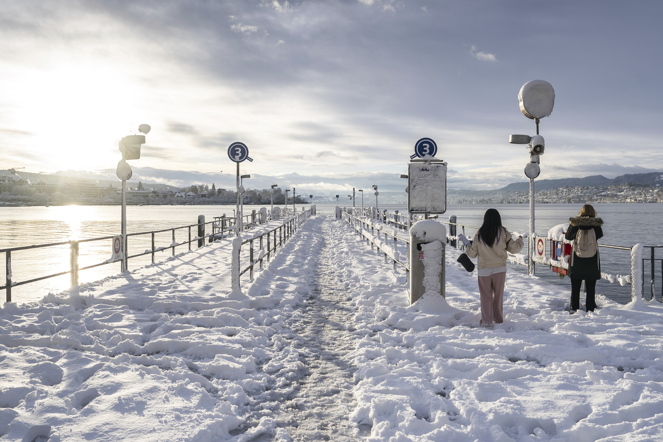 Schnee an einem Seeufer, die Sonne scheint