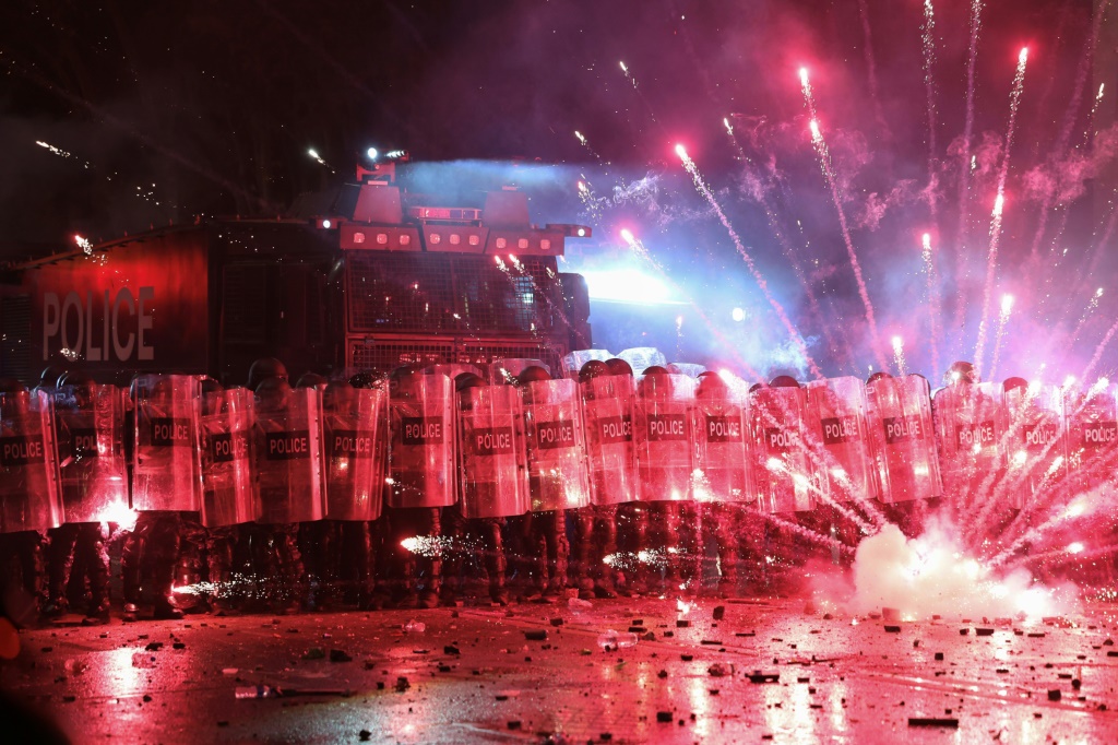 Clashes between pro-EU protesters and police outside the parliament in Tbilisi, Georgia