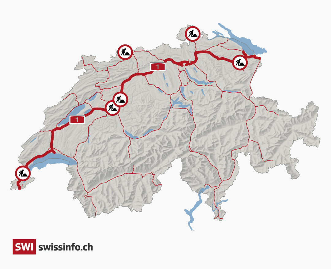 The Swiss motorways are marked in red. Four of the six expansion projects - marked with the construction site symbol - affect the A1 motorway (in bold).