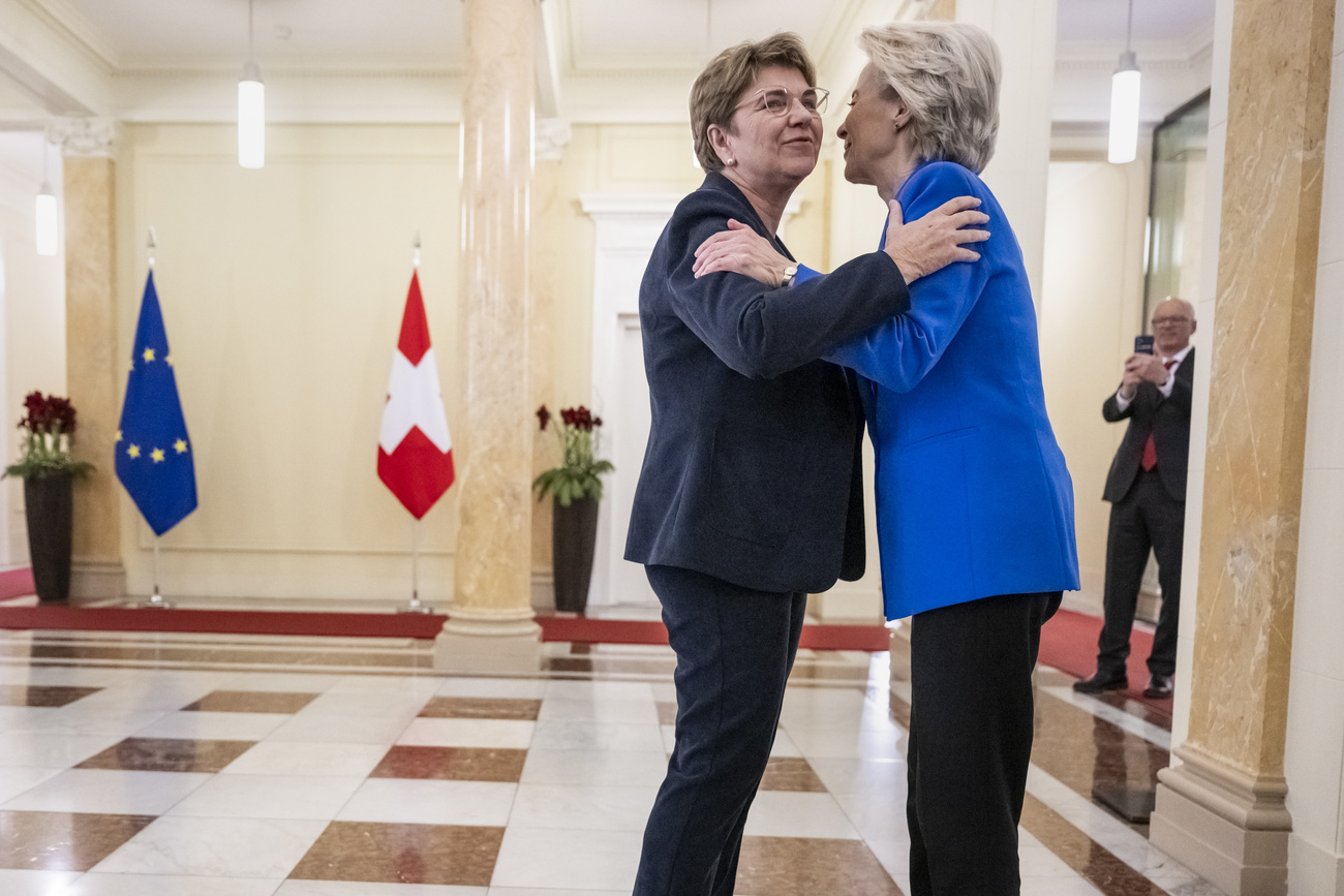 Swiss Federal President Viola Amherd, left, welcomes European Commission President Ursula von der Leyen, right, before a bilateral meeting on Friday, December 20, 2024 in Bern, Switzerland. Van der Leyen pays an official visit to Switzerland to formally mark the conclusion of the negotiations between the EU and Switzerland.