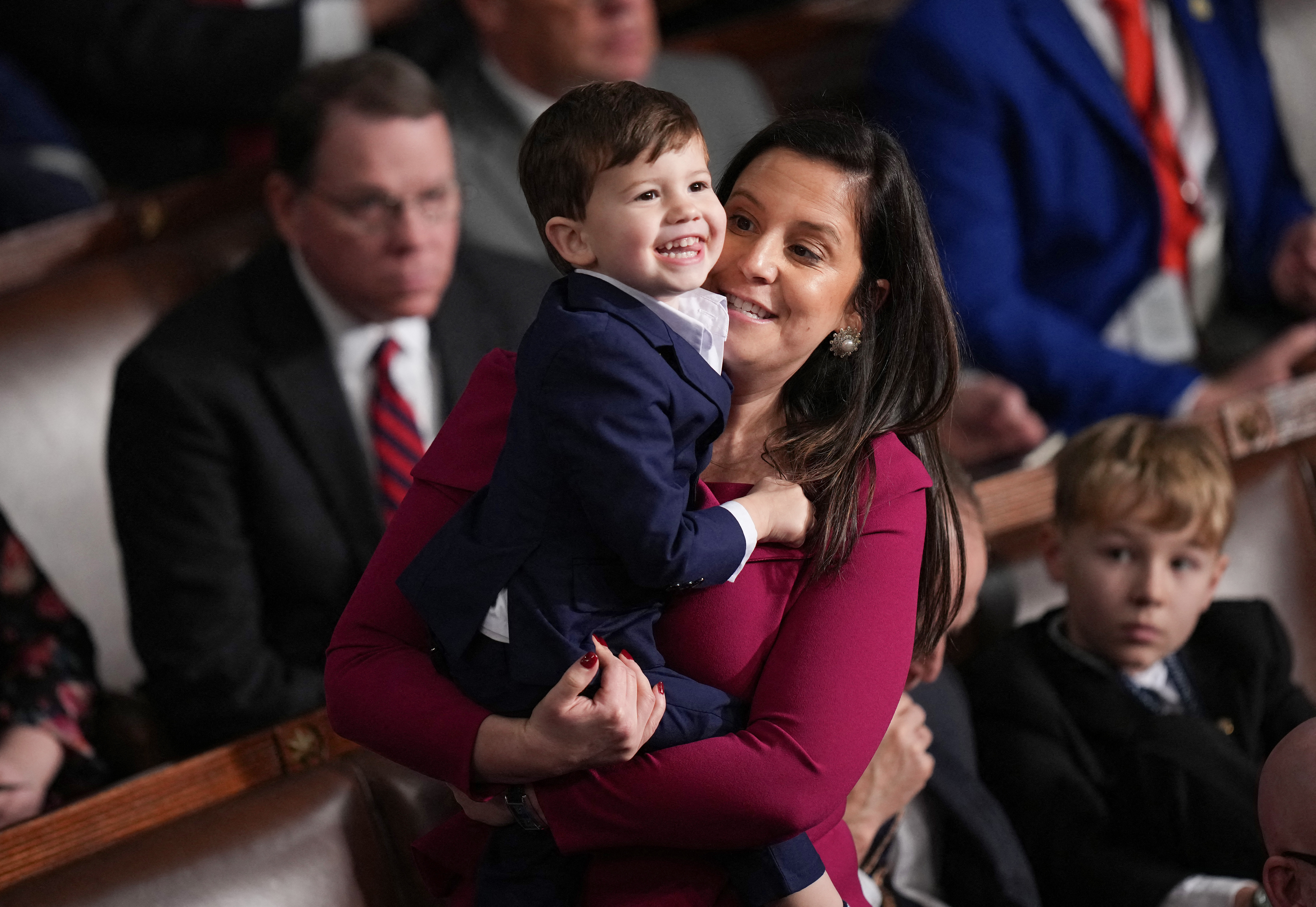 Elise Stefanik holds her son Sam as the House votes for Speaker of the House on the first day of the 119th Congress in the House Chamber of the U.S. Capitol Building on January 03, 2025 in Washington, DC. Rep.