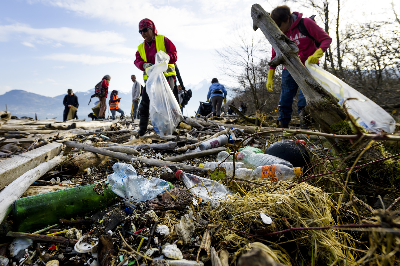 Volunteers collect plastics and other rubbish on the shores of Lake Geneva in 2018.