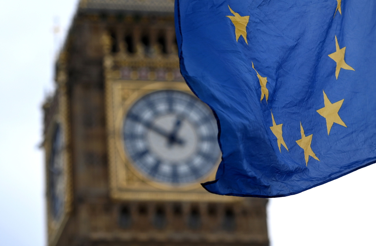 The EU flag flutters outside the parliament in London, Britain, 26 February 2023. New post Brexit checks may be fuelling UK food inflation, UK businesses fear. Businesses are facing up to 400 millions of pounds a year of fresh fees as a result of new checks at the UK border for goods entering from the EU.