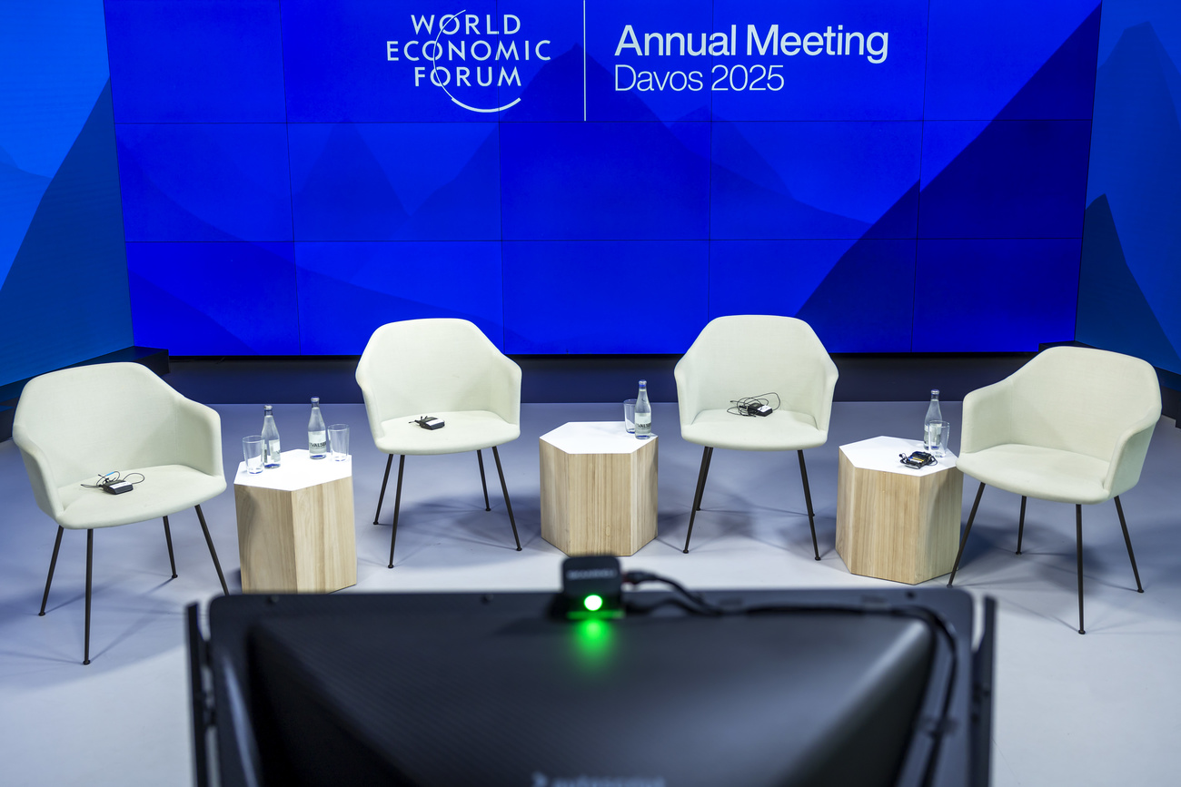 A view of empty chairs at WEF's TV studio prior a remote Pre-meeting press conference of the World Forum Annual Meeting 2025, in Cologny near Geneva, Switzerland, Tuesday, January 14, 2025. The World Economic Forum (WEF) on the day unveiled the programme for its Annual Meeting in Davos, Switzerland, including the key participants, themes and goals. The 55th Annual Meeting of the WEF will run from 20 to 24 January 2025 in Davos under the motto 'Collaboration for the Intelligent Age'. (KEYSTONE/Salvatore Di Nolfi)