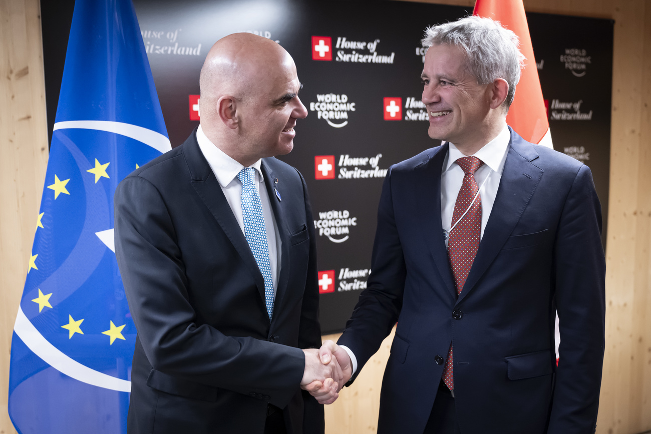 Photo of two men shaking hands with flags of Council of Europe and Switzerland in the background