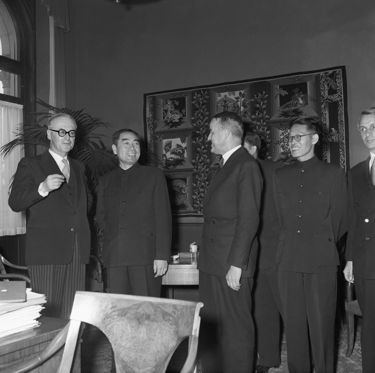 The Chinese delegation to the Indochina Conference with Foreign Minister Chu En-Lai, second from left, together with Max Petitpierre, third from left, and Fernand Bernoulli, Swiss Ambassador to China (1954-1958), on the far right, at the reception for the honorary dinner on 18 June 1954 at the von Wattenwyl House in Bern. It's the PRC's first engagement with the international community, hosted by Switzerland, and the first major international conference in which the PRC participates as one of the five major powers - along with the former Soviet Union, the United States, the United Kingdom and France.