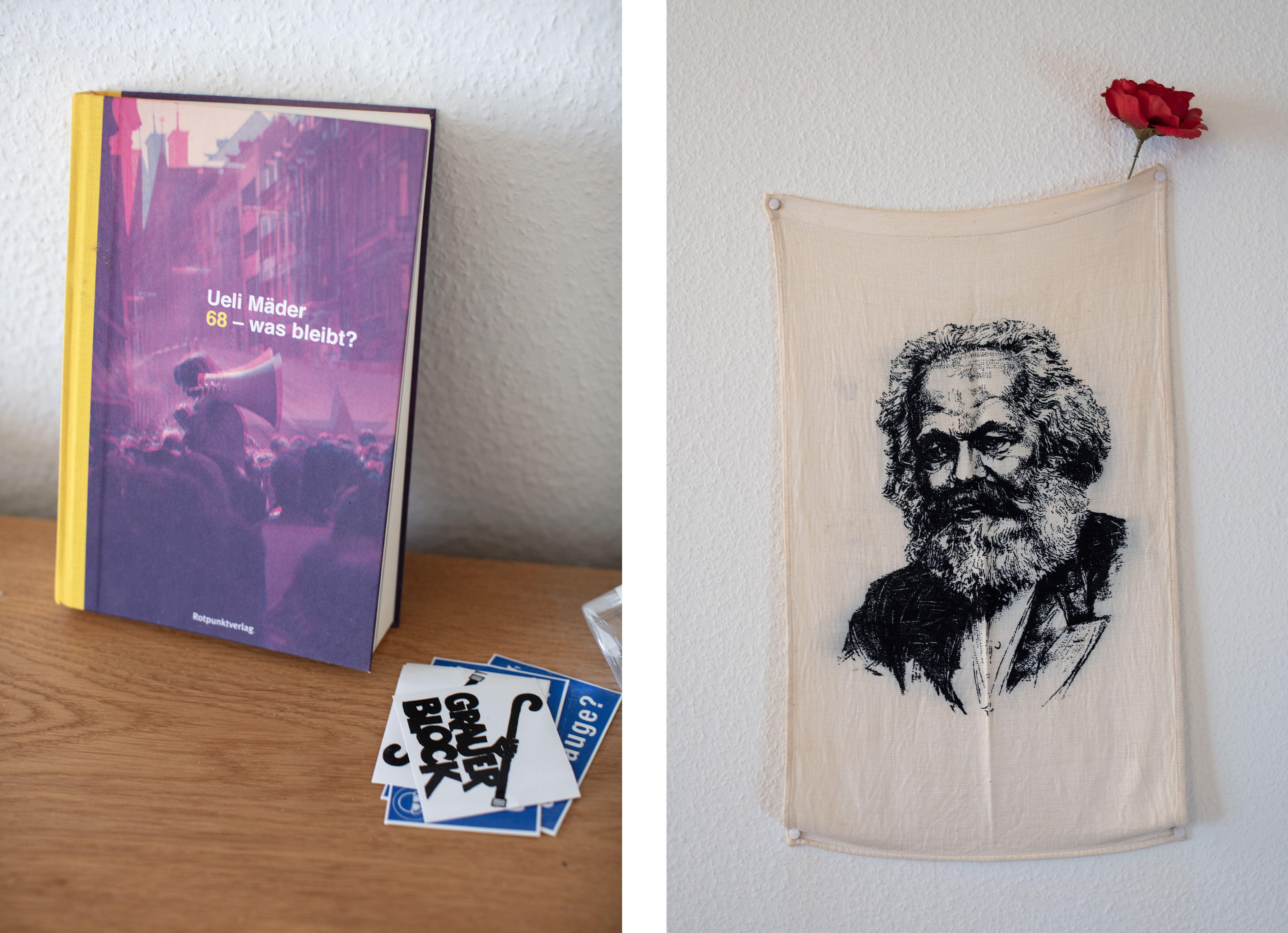 Das Buch "68 - was bleibt von Ueli Mäder" und ein Portrait von Karl Marx auf Stoff gedruckt