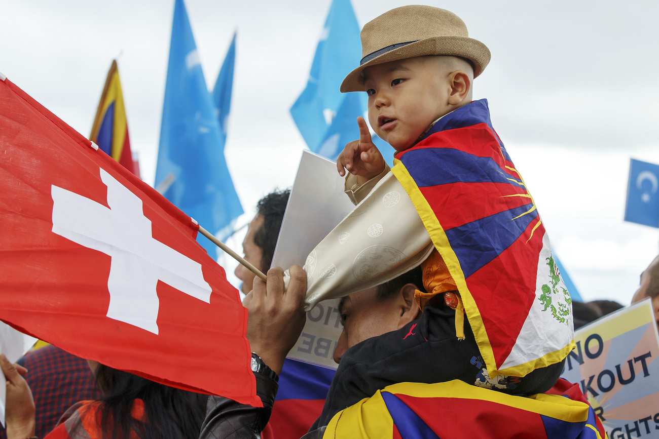 A Tibetan boy with the Tibetan flag.