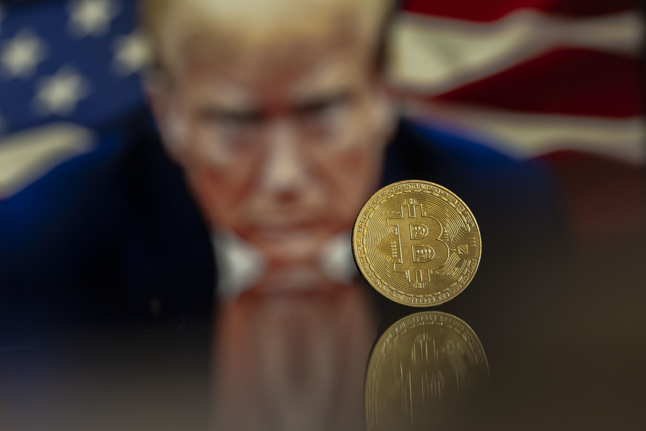 Foto bitcoin con immagine trump nello sfondo