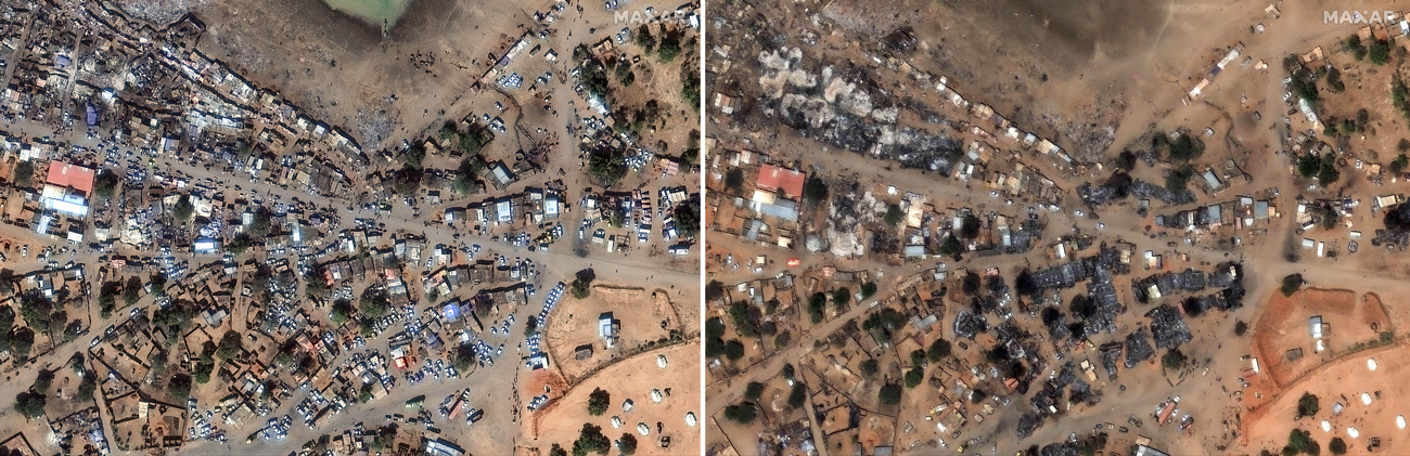 This combo shows Zamzam refugee camp and market buildings, outside the Darfur town of al-Fasher, Darfur region, Sudan, before being attacked, on Tuesday Jan. 14, 2025, left, and after being attacked, on Thursday, Feb. 13, 2025.