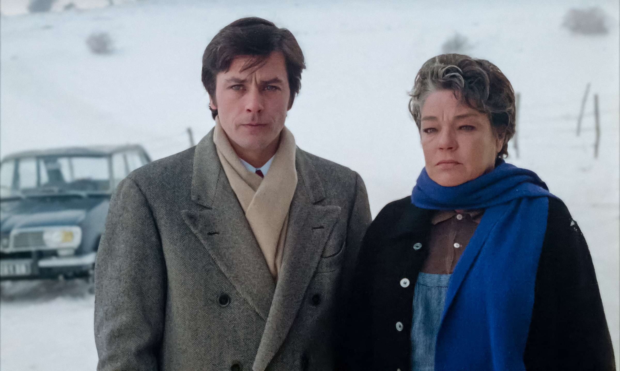 Two titans challenged by the Jura frost: Alain Delon and Simone Signoret in Jean Chapot's "Les Granges Brûlées" (1973).