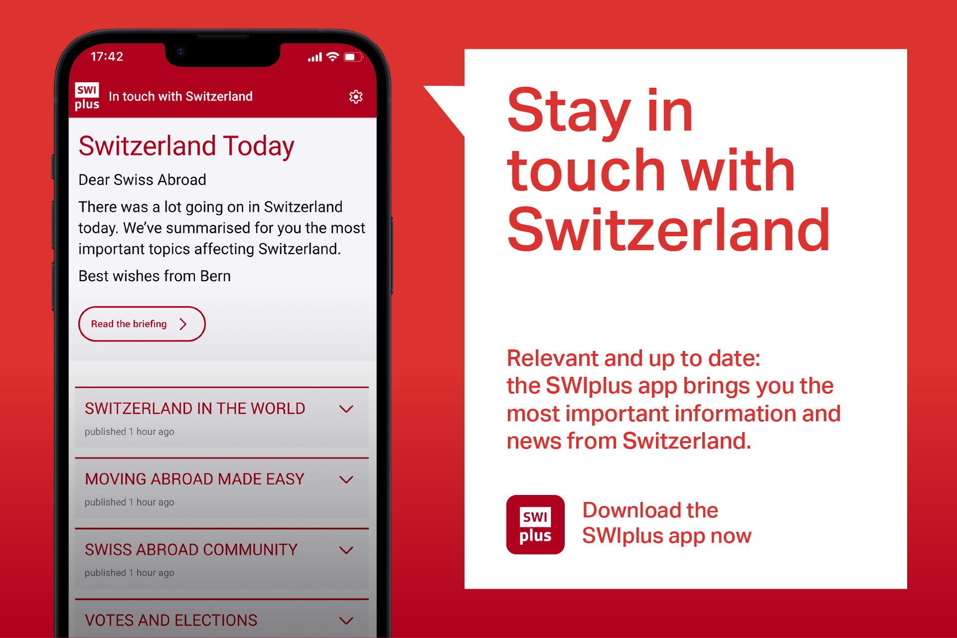 A smartphone displays the SWIplus app with news for Swiss citizens abroad. Next to it, a red banner with the text: ‘Stay connected with Switzerland’ and a call to download the app.