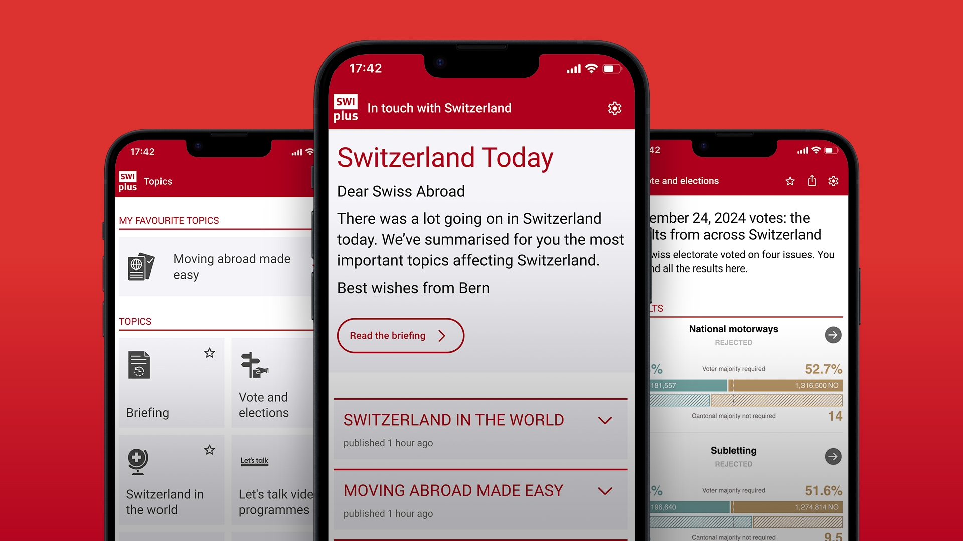 Three screens of the SWI plus app showing news and information about Switzerland.