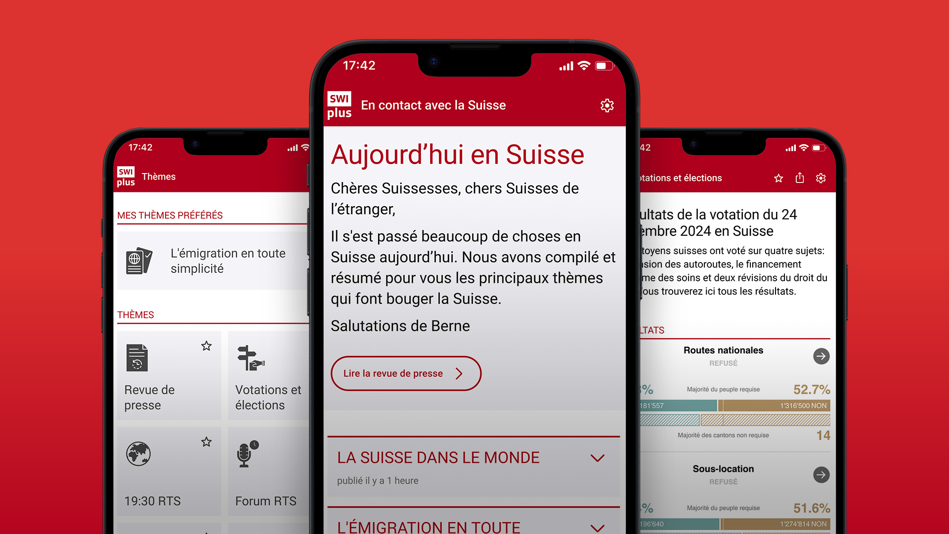 Trois écrans de l'application SWI plus montrant des nouvelles et des informations sur la Suisse.