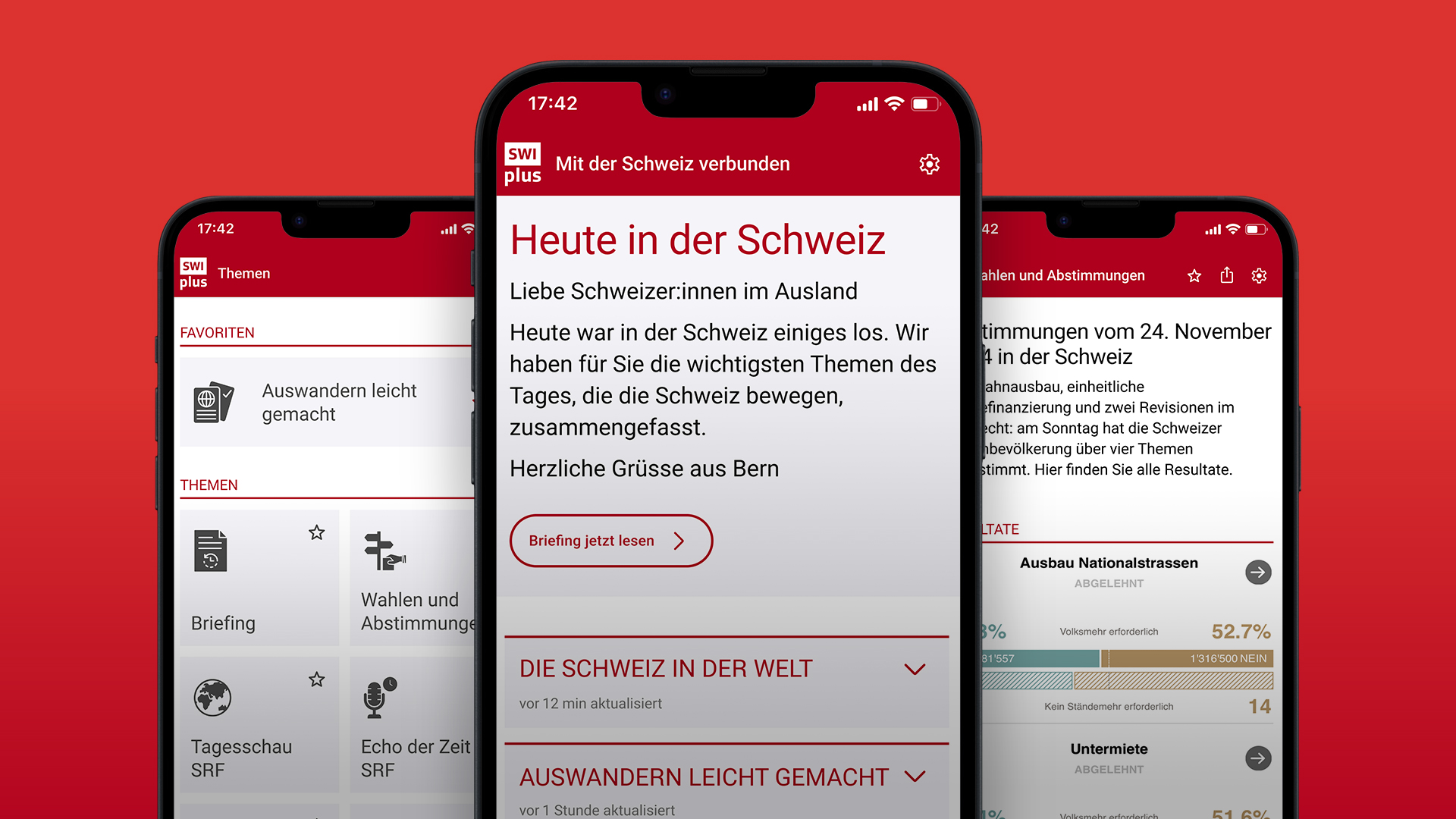 Drei Bildschirme der SWI plus App, die Nachrichten und Informationen über die Schweiz anzeigen.