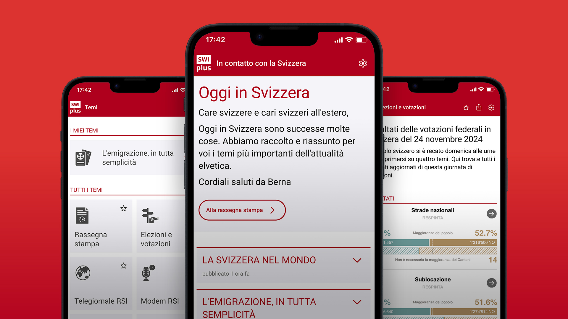 Tre schermi dell'app SWI plus che mostrano notizie e informazioni sulla Svizzera.