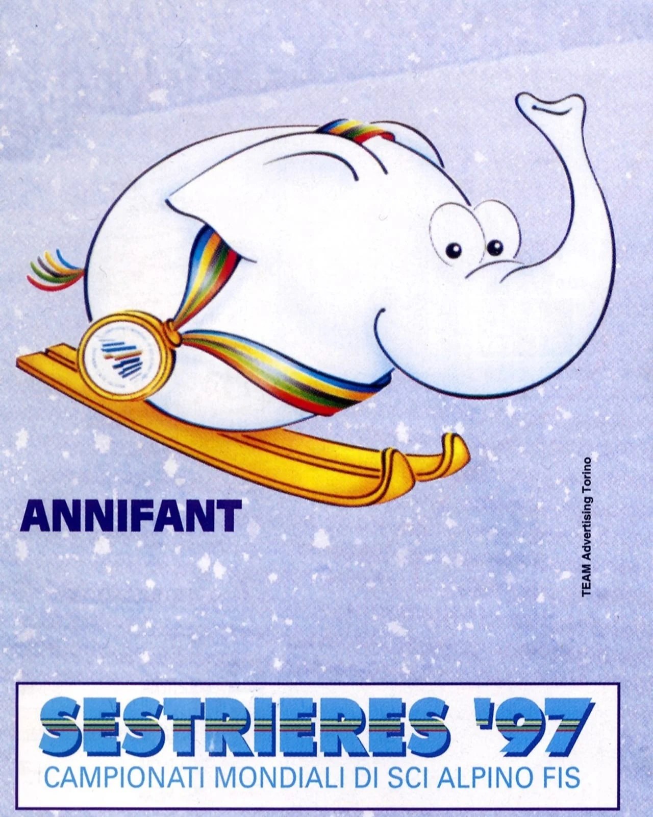 Annifant, la mascotte des Championnats du monde de ski 1997 de Sestrières (Italie).