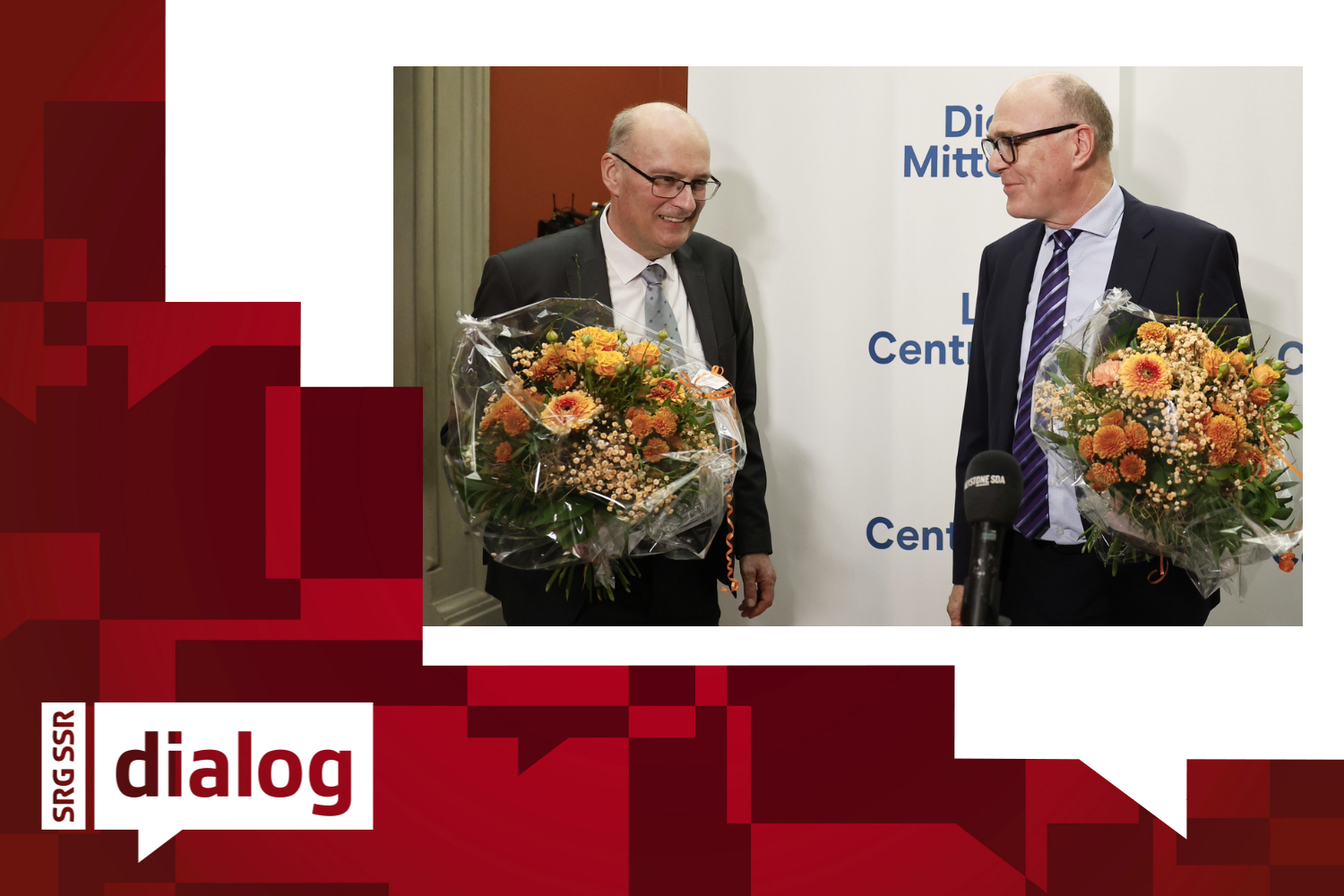 Die beiden Bundesratskandidaten Martin Pfister und Markus Ritter mit Blumenstrauss